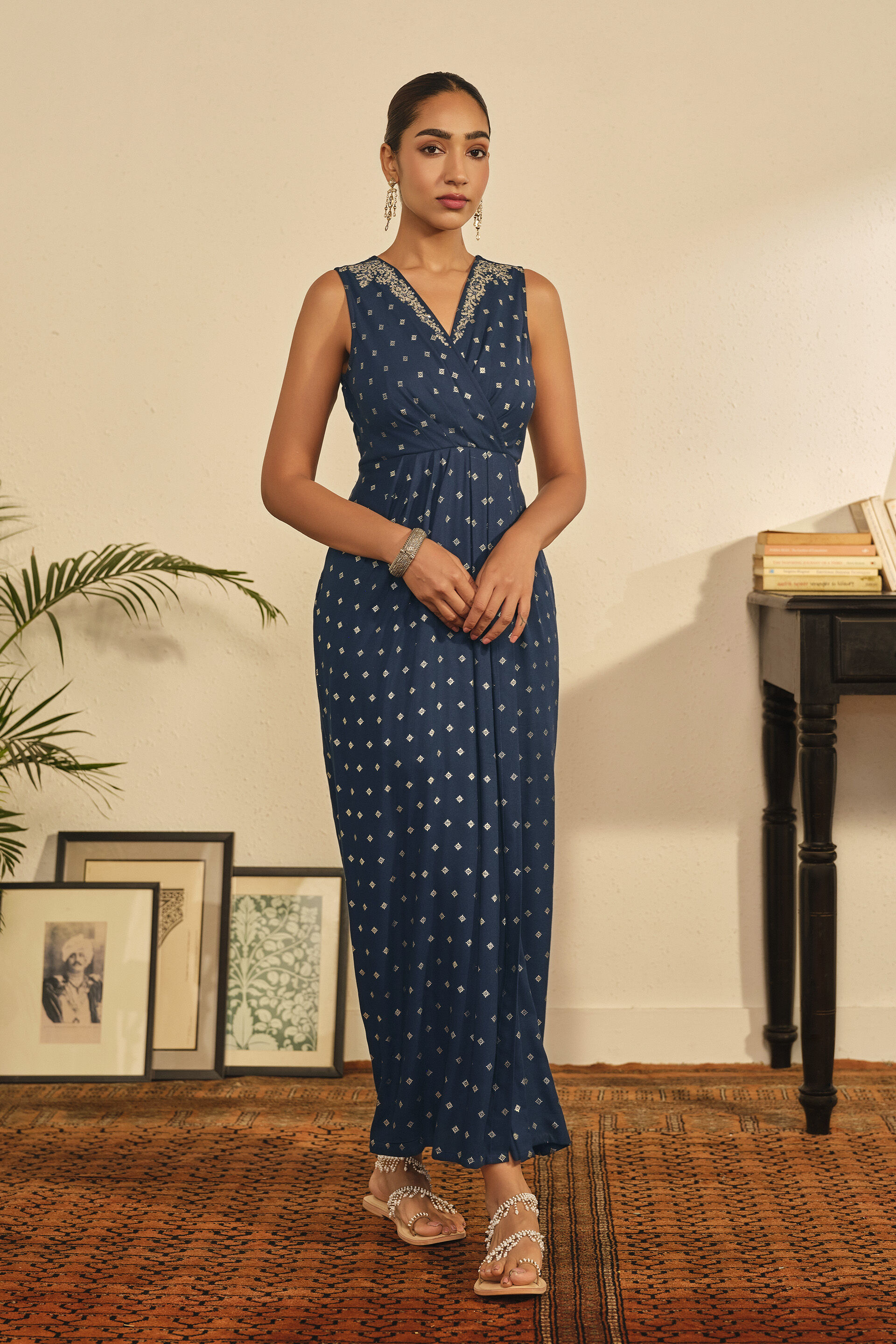 Printed Wrap Maxi Dress in Indigo, Indigo, image 4